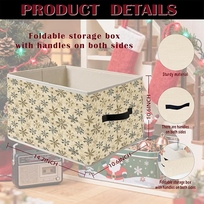 Vintage Winter Snowflake Neutral Christmas Storage Bin Box with Handles, Rustic Holiday Winter Christmas Foldable Organizer Basket Toybox for Home Bedroom Bathroom Clothes Toys Books