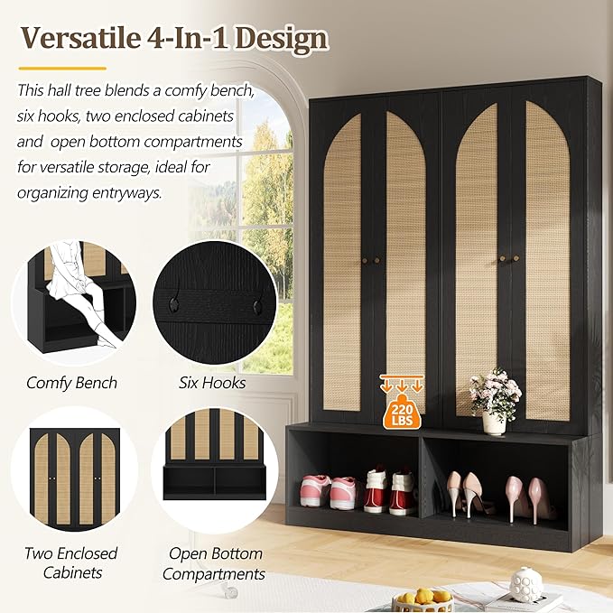 Bohemian Farmhouse Widen Hall Tree with 4 Rattan Doors, Versatile 4-in-1 Hall Tree, Mid-Century Entryway Shoe Cabinet with Adjustable Shelf and 6 Hooks, Seating Bench for Living Room