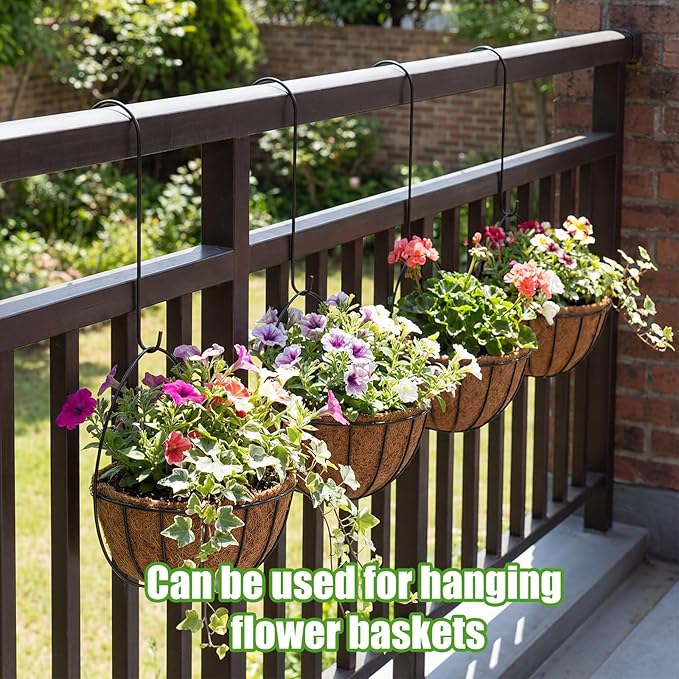 12 Pack 18 Inch S Hooks for Hanging Plants, Heavy Duty Metal Extension Hangers for Bird Feeders Wind Chimes Flower Baskets Black Vinyl Coated Rustproof Garden Hooks