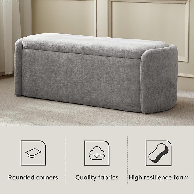 VKNOW Oval Storage Ottoman Bench, 46" Upholstered End of Bed Bench Ottomans Bench Foot Rest, Sherpa Storage Bench for Bedroom, Living Room and Hallway, Light Grey