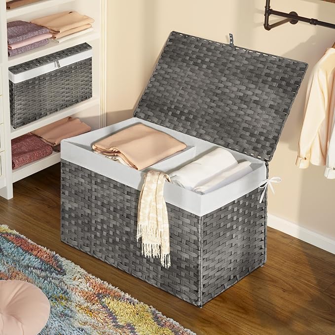 GREENSTELL Storage Basket with Lid, 42.3 Gallon(160L) Lagre Wicker Blanket Storage Basket with Handles, Foldable, 2 Removable Liner Bags, Metal Frame, for Bedroom, Laundry Room, Grey,30"*18.1"*18.1"