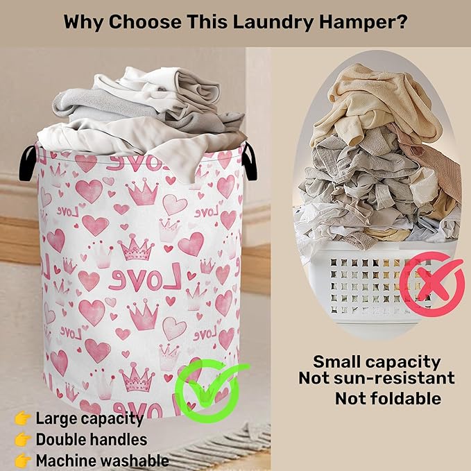 Pink Lovers Laundry Basket - Heavy Duty 60L Dirty Clothes Organizer, Water Resistant Foldable Hamper for Men Women