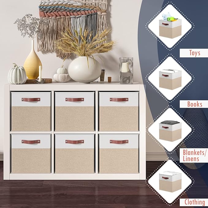 Ornavo Home 13 x 15 x 13 Kallax Storage Cube Bins, Foldable Collapsible Fabric Storage Bins Box Linen Shelf Basket Cube Organizer for Closet with Leather Handles, 6 Pack, White/Khaki