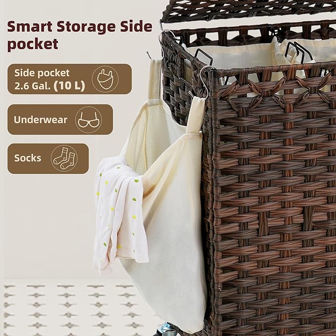Laundry Hamper with Lid, 160L Rattan Wicker Laundry Basket with Wheels, Handwoven Laundry Hamper 3-Section with Storage shelf(42.3 Gal), Laundry Sorter Basket with Removable Liner,Brown HLH033BR