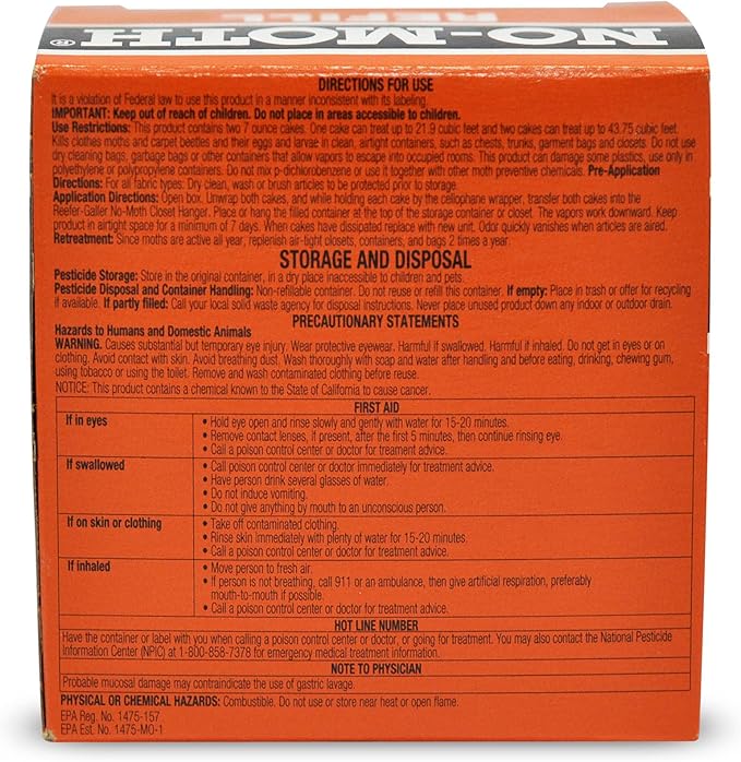 NO-Moth Closet Hanger Refills - Moth Cakes for Hanger Storage, Non-Odorous Moth Cakes for Closet, Kills Clothes Moths, Carpet Beetles, Eggs & Larvae (2 Moth Cakes, Pack of 3)