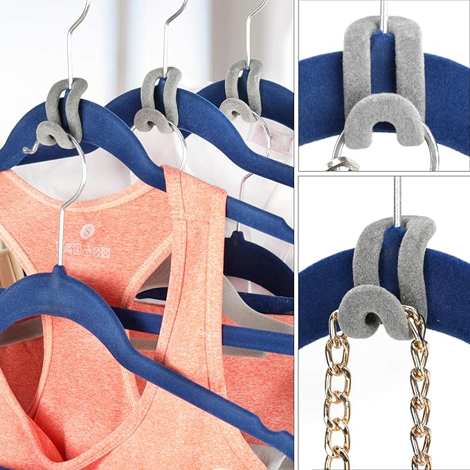 Mlici Velvet Clothes Hanger Connector Hooks, 60 Pcs Heavy Duty Space Saving Clothes Hanger Connector Hooks for Closet, Grey