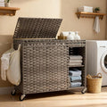 Laundry Hamper with Lid, 160L Rattan Wicker Laundry Basket with Wheels, Handwoven Laundry Hamper 3-Section with Storage shelf(42.3 Gal), Laundry Sorter Basket with Removable Liner, GreyHLH033G
