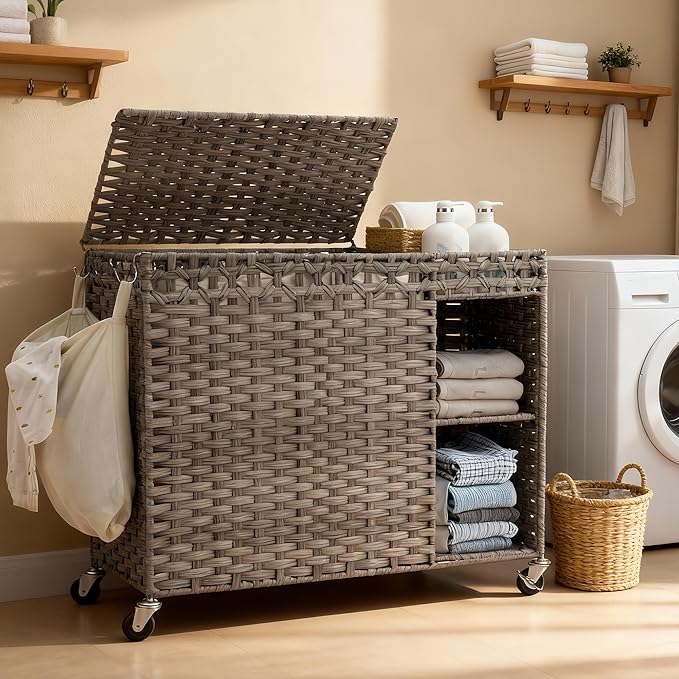 Laundry Hamper with Lid, 160L Rattan Wicker Laundry Basket with Wheels, Handwoven Laundry Hamper 3-Section with Storage shelf(42.3 Gal), Laundry Sorter Basket with Removable Liner, GreyHLH033G
