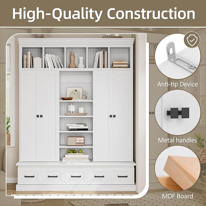 Modern Hall Tree with Bench and 5 Storage Cubbies, 5 Drawers and Adjustable Shelves, 78.7''H Hall Tree Entryway Storage Organizer Cabinet with 4 Doors for Hallway, Entryway, Living Room (White/506)