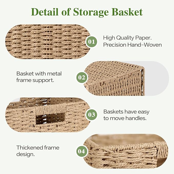 Woven Wicker Storage Baskets 2-Pack, 11x11 Handwoven Paper Rope Organizer Bins, Foldable Cube Storage Cubes with Built-in Handles for Shelves and Closet Organization(Natural Beige)