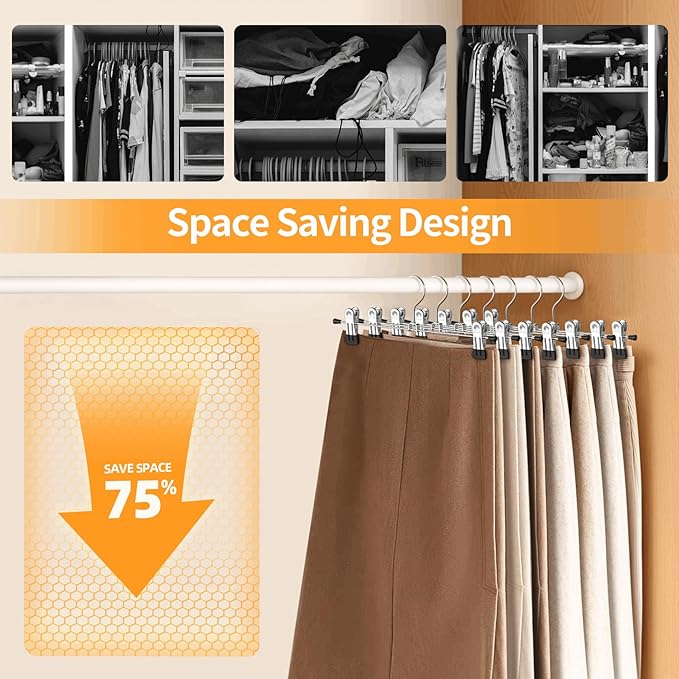 IEOKE Pants Hangers with Clips: 20 Pack Skirt Hangers for Women Metal Adjustable Trouser Hangers for Jeans Shorts Dress - Black