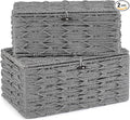 Mkono Storage Baskets Bin with Lid Decorative Paper Rope Handwoven Basket Organizer for Shelves Wardrobe Toilet Tank Top, Rectangular Wicker Home Decor Box for Bedroom Living Room, Set of 2, Grey