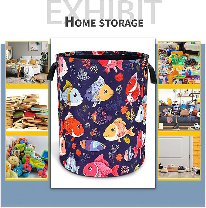 Fish Laundry Basket Funny Cartoon Foldable Oxford Cloth Tote Bag Laundry Hamper Clothes Storage Bucket Toy Organizer For Bathroom/Laundry Storage/Bedroom 18.9x16.5 Inch