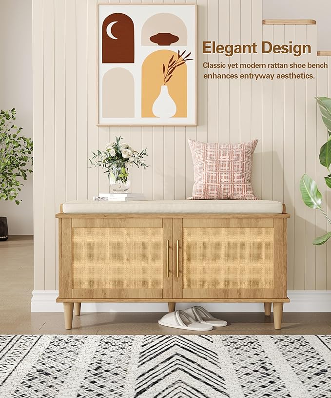 Rattan Shoe Storage Bench with Cushion, 2-Tier Entryway Bench with Adjustable Shelves and 2 Doors, 15" D x 39.4" W x 20" H, Solid Wood Legs, for Hallway, Living Room, Bedroom, Natural Oak