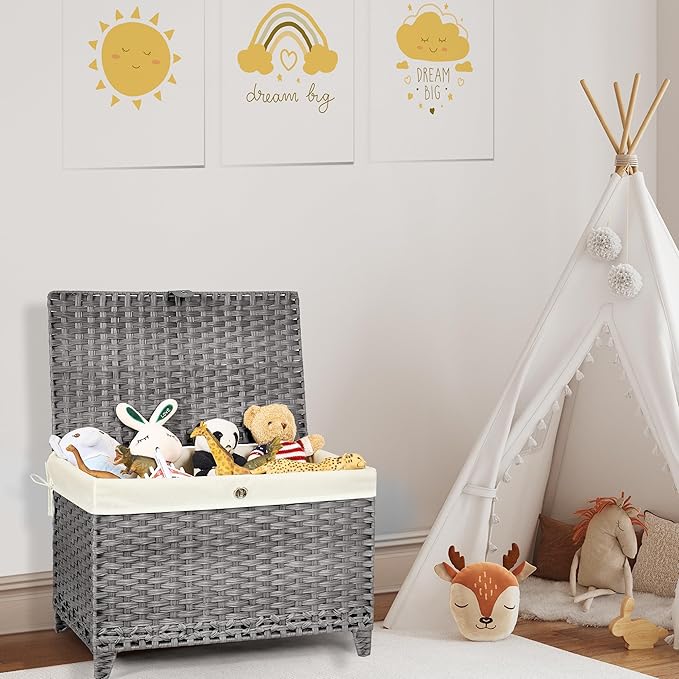 Wicker Storage Basket with Lid,Rattan Shelf Basket with Removable Liner Bag,160L Storage Bin,Storage Trunk with Heightened Feet,Storage Container for Wardrobe,Home Organizer