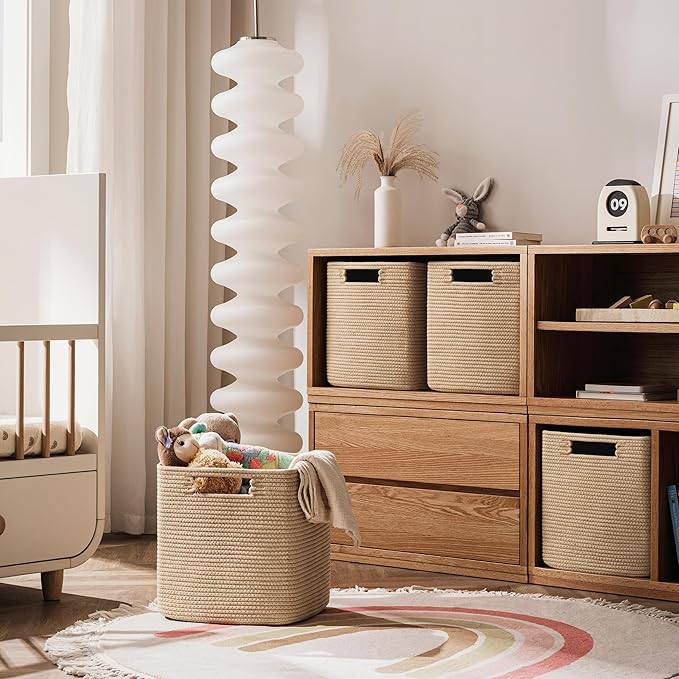 UBBCARE Set of 4 Storage Basket-11 X 10.5 X 10.5 In, Cotton Rope Basket for Shelves, Toys, Book, Cube Storage Bins with Handles, Woven Storage Baskets for Organizing, Brown