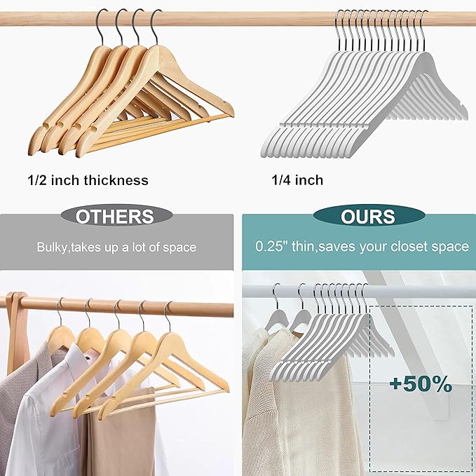 Luxury Ultra Thin 20 Space Saving Wooden Clothes Hanger, 360 Degree Rotating Hook, Best for Shirts, Blouses, Pant, Dress, Hangers White (White - Shirt/Blouse, 20)