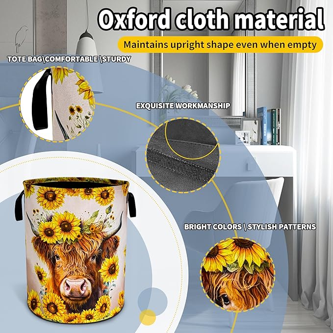 Highland Cow Laundry Basket Sunflower Flowers Foldable Oxford Cloth Funny Tote Bag Laundry Hamper Clothes Storage Bucket Toy Organizer For Bathroom/Laundry Storage/Bedroom 18.9x16.5 Inch