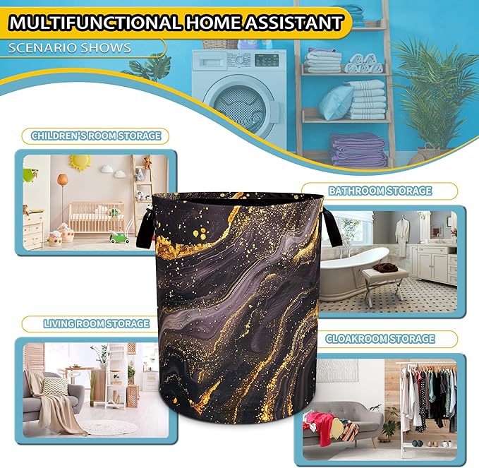 Black Gold Marble Laundry Basket Beautiful Pattern Foldable Oxford Cloth Funny Tote Bag Laundry Hamper Clothes Storage Bucket Toy Organizer For Bathroom/Laundry Storage/Bedroom 18.9x16.5 inch