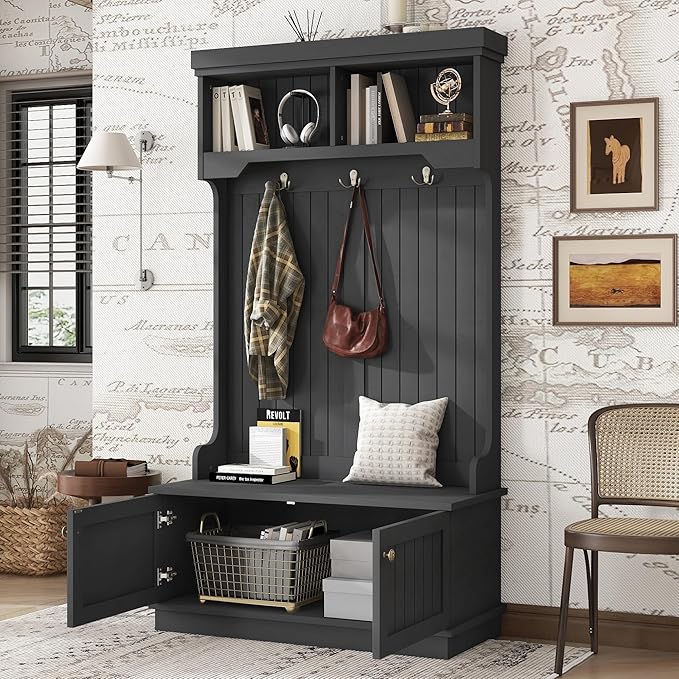 35.5 inch Hall Tree with Bench and Shoe Storage Shelf, Wood Hall Tree with 4 Hooks/Mudroom Bench with Storage and Hooks, Hall Trees for Entryway, Hallway, Living Room(Black 35.5")