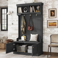 35.5 inch Hall Tree with Bench and Shoe Storage Shelf, Wood Hall Tree with 4 Hooks/Mudroom Bench with Storage and Hooks, Hall Trees for Entryway, Hallway, Living Room(Black 35.5")