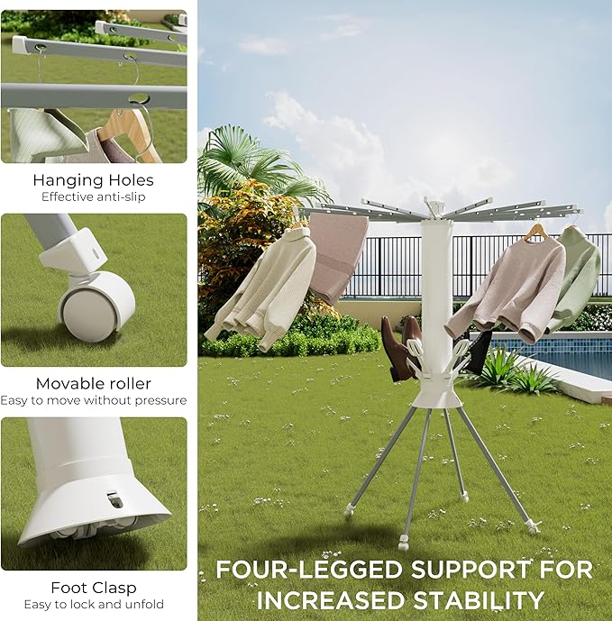 Clothes Drying Rack 4-Legged, Foldable Laundry Drying Racks with Anti-Slip Holes and 4 Pulleys, Shoe Dryer Rack, Outdoor Portable Drying Rack Clothing, Indoor Dry Rack for Clothes, Shoes, Towel