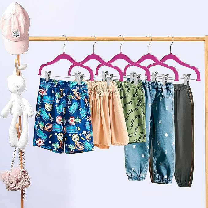 100 Quality Kids Plastic Non Velvet Non-Flocked Thin Compact Skirt Pant Coat Hangers with Metal Clips for Skirts Pants Blouses 360° Swivel Hook, Jacket, Shirt, Pants, Suit Hangers (Pink, 100)
