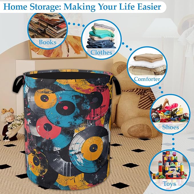 Music Graffiti Laundry Hamper Disc Collapsible Laundry Basket Clothes Toy Storage Bin for Bathroom Bedroom Room Decor 16 X 20.8 Inch
