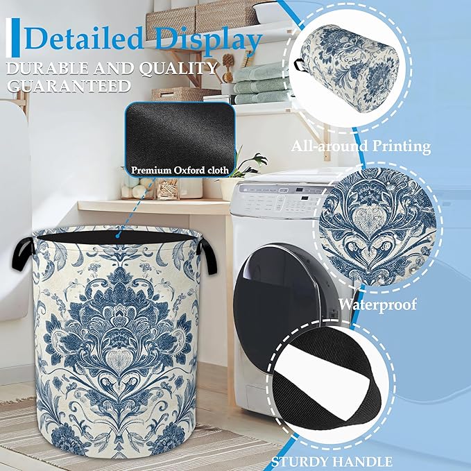 Vintage Blue Floral Laundry Basket Collapsible Laundry Hamper Clothes Toy Storage Bin for Bathroom Bedroom Room Decor 16" X 20.8"