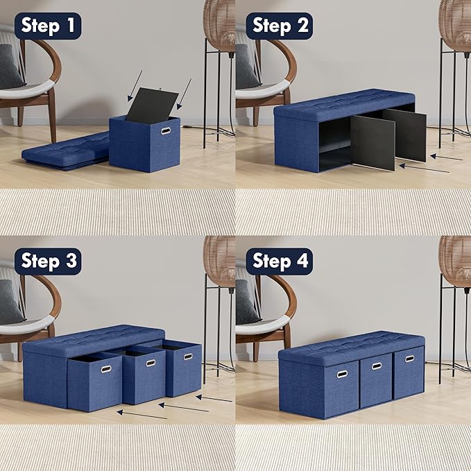 Ornavo Home Storage Ottoman with 3 Drawers, 40 Inches Long Foldable Tufted Linen Large Bench Ottoman with Storage, Foot Rest Stool Seat, for Living Room, Bedroom, Entryway, Navy Blue