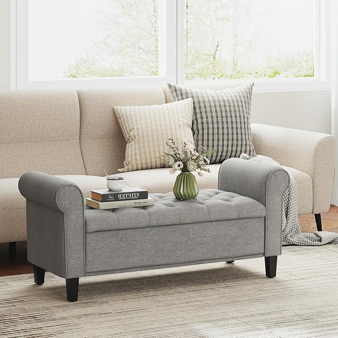 HOMCOM 50" Storage Ottoman Bench, Upholstered End of Bed Bench with Rolled Arms, Wood Legs, Button Tufted Storage Bench with Safety Hinges for Living Room, Entryway, Bedroom, Gray