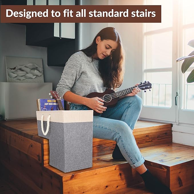 SAM AND MABEL Stairway Storage Basket, Premium Linen Material, Lightweight and Sturdy, Foldable, 16" L x 10" W x 16" H, Lite Cream and Gray (Pack of 2)
