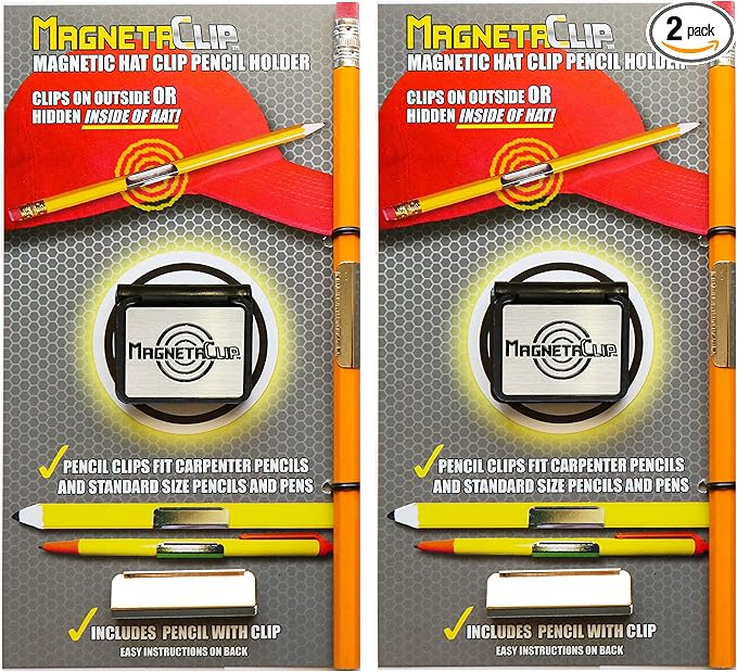 Magnetic Hat Clip Pencil Holder TWO PACK (2) With Strong Magnetic Clip For Standard Pencils and Carpenter Pencils
