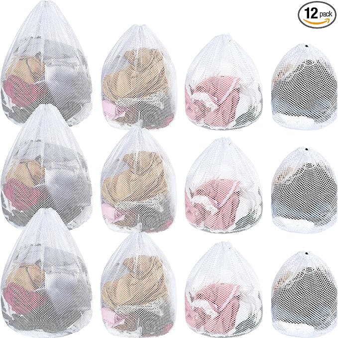 Fabbay 12 Pcs Mesh Laundry Bag with Drawstring White Heavy Duty Mesh Bag Machine Washable Sheet Drawstring Bag Net Wash Bag Laundry Washing Bag for Delicates College Dorm (Coarse Style)