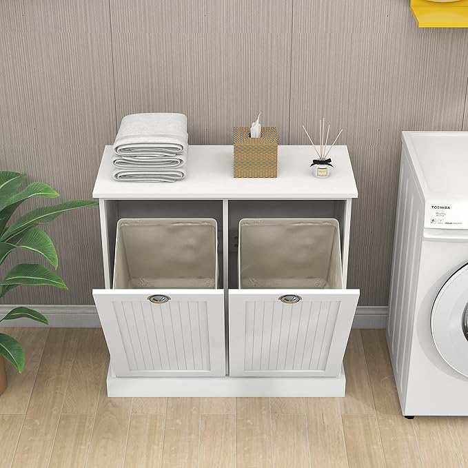 Double Tilt Out Laundry Sorter with Trash Cabinet and Storage - Free Standing, Dog Proof, Recycling, Kitchen Island with Garbage Bin (White)