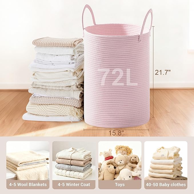 Girls' Tall Laundry Basket with Handles, 72L Portable Dirty Clothes Hamper, Boho Cotton Rope Storage Bin for Blankets Kids Toys Gifts, Decorative Organizer for Nursery Bedroom Bathroom, Pink