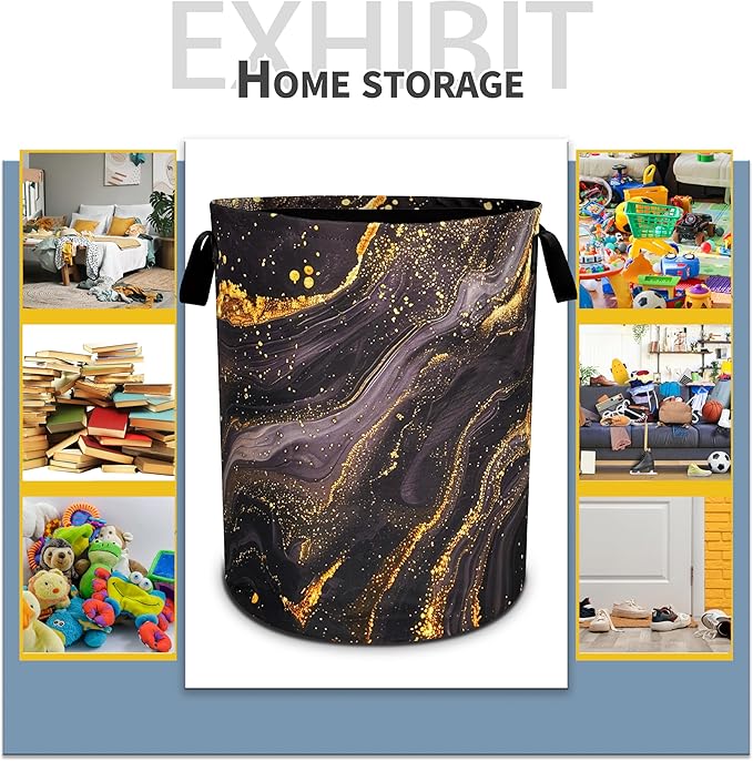 Black Gold Marble Laundry Basket Beautiful Pattern Foldable Oxford Cloth Funny Tote Bag Laundry Hamper Clothes Storage Bucket Toy Organizer For Bathroom/Laundry Storage/Bedroom 18.9x16.5 inch