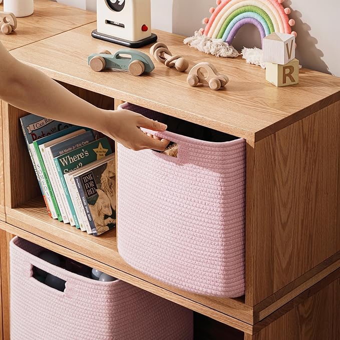 UBBCARE Set of 4 Storage Basket-12 X 12 X 12 in, Cotton Rope Basket for Shelves, Toys, Book, Cube Storage Bins with Handles, Woven Storage Basket for Organizing, Pink