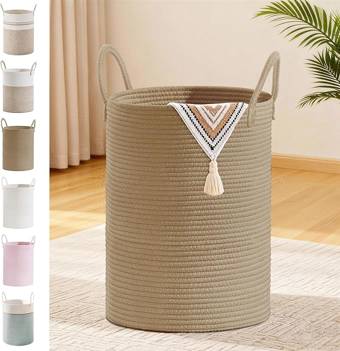 Tall Laundry Basket with Handles, 58L Portable Dirty Clothes Hamper, Boho Cotton Rope Storage Bin for Blankets Kids Toys Gifts, Decorative Organizer for Baby Nursery Bedroom Bathroom, Jute