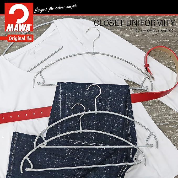 Mawa by Reston Lloyd Euro Ultra Light/Thin Series, Non-Slip Space Saving Clothes Hanger with Bar & Hook for Pants and Skirts, Style 42/PTU, Set of 10, Silver