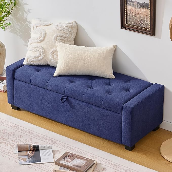48" Ottoman with Storage, Storage Ottoman Bench with Safety Hinge, Upholstered Entryway Bench with Seating for Bedroom, Living Room, Holds up to 330 lb, Blue
