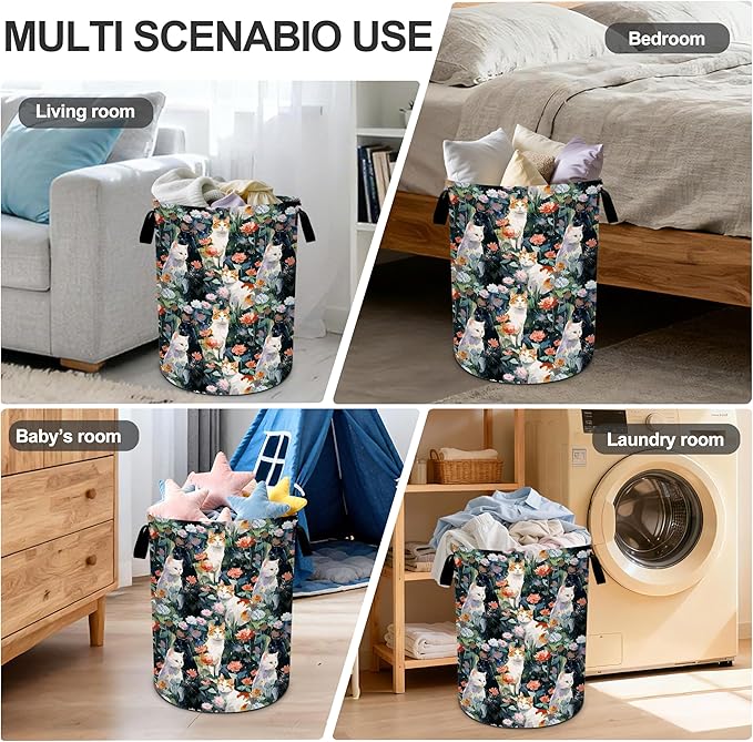 Cat Flowers Laundry Basket Storage Bin Foldable Laundry Hamper Clothes Storage Bucket Organizer 19.6x15.7 Inch For Laundry Room/Bedroom/Bathroom