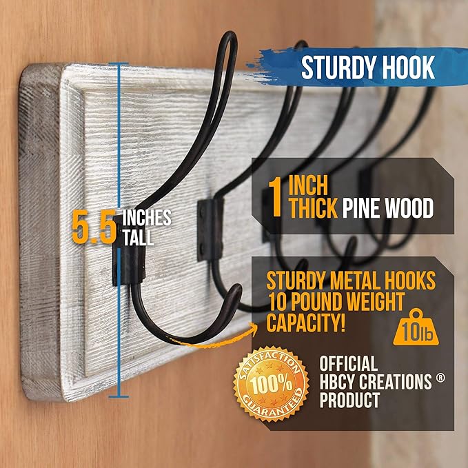 HBCY Creations Rustic Coat Rack - Wall Mounted Whitewash 24" Entryway Coat Hooks - 5 Rustic Hooks, Solid Pine Wood. Perfect Touch for Your Entryway, Kitchen, Bathroom... (Whitewash)