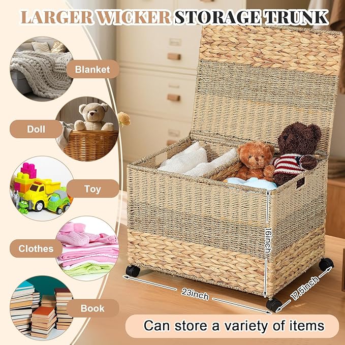 23×17.5×16 in Wicker Storage Trunk with Wheels and Lid, Heavy Duty Rolling Wicker Basket for Blankets Large Toy Chest Water Hyacinth Woven Blanket Bin for Bedroom, Laundry Room