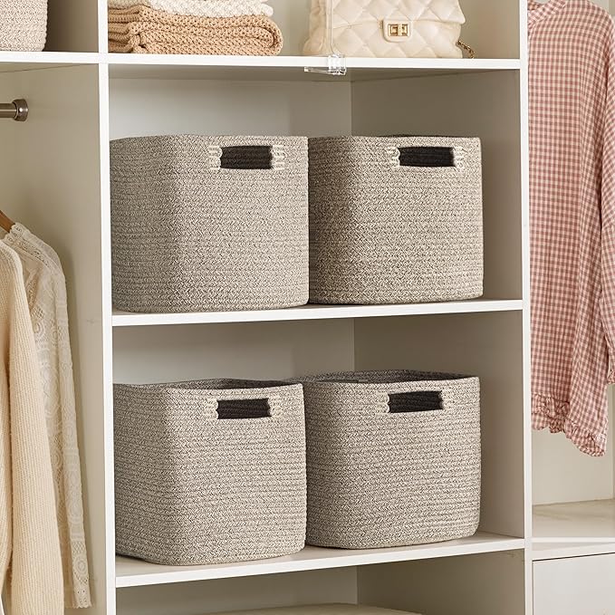 UBBCARE Storage Cubes 11 Inch, Cotton Rope Woven Baskets for Organizing, Cube Storage Bin for Baby Nursery, 4-Pack Square Toy Storage Baskets for Shleves Organizer, Closet, Kidsroom, All Browm