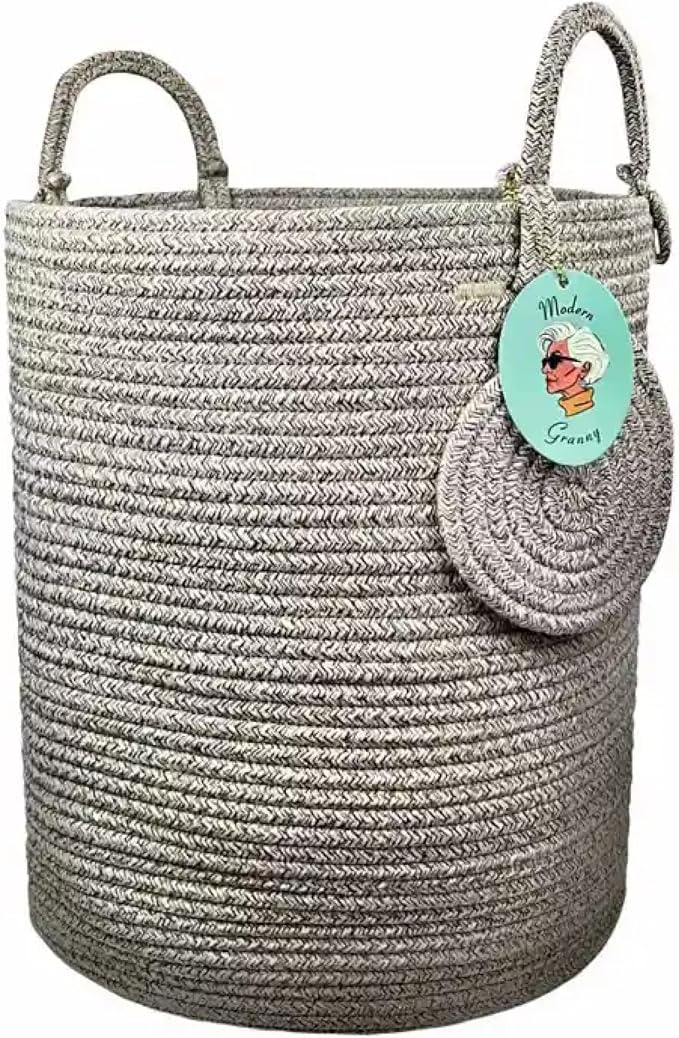 Modern Granny Extra Large Cotton Rope Laundry Hamper 16x22 Inch Dual Secure Woven Handle for Living Room Closet Clothes Blanket Organization