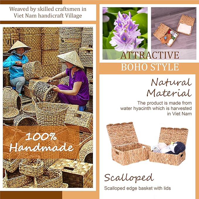 Set of 2 Scalloped Edge Wicker Basket with Lids, Rectangle Wicker Storage Basket with Built-in Handles, Multipurpose Organizer Rattan Display Boxes for Shelf, Nursery Room