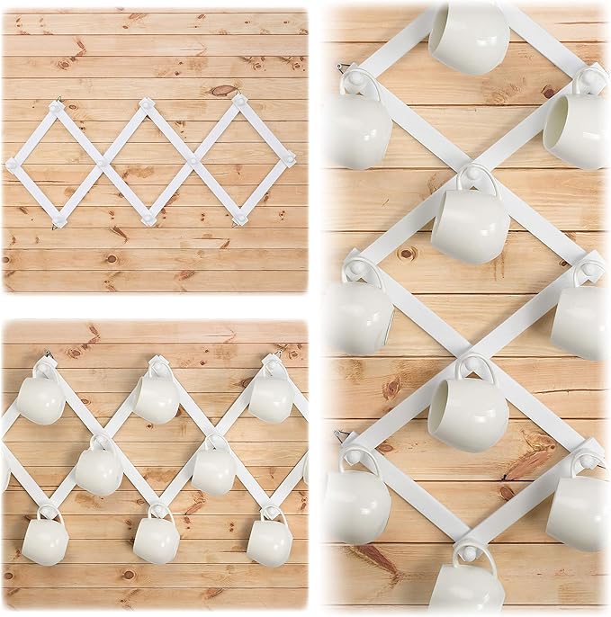 Dseap Accordian Wall Hanger: 16” High Wooden Wall Expandable Coat Rack, Hat Rack Holder, Accordion Hook for Baseball Caps, Coats, Mugs, 13 Peg Hooks, White