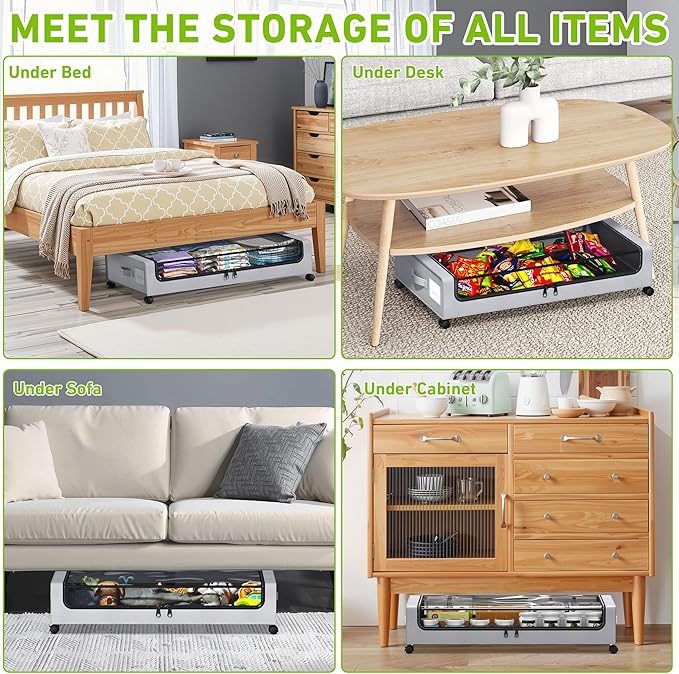 Under Bed Storage with Wheels, 2 Pack Under bed Storage Containers with Clear Lids & Zippers, Under Bed Shoe Storage Organizer, Rolling Underbed Storage for Clothes, Shoes, Blankets (Grey)