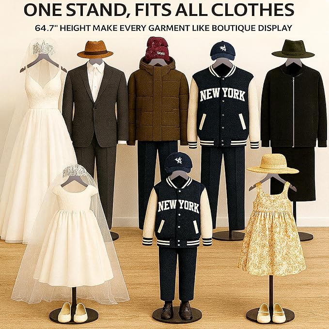 T Shirt Stand Display 26-64.7 Inch with Pants Clip and Hat Rack,Height Adjustable for Long Short Clothes Dress,Display Mannequin for Store,Closet,Photoshoot,Exhibition,Vendors Shop,Parties(1 Brown )